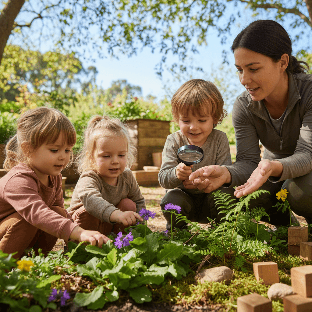 Children exploring a leafy park trail together