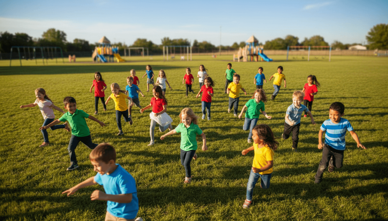 Children laughing and running across a sunny field at camp