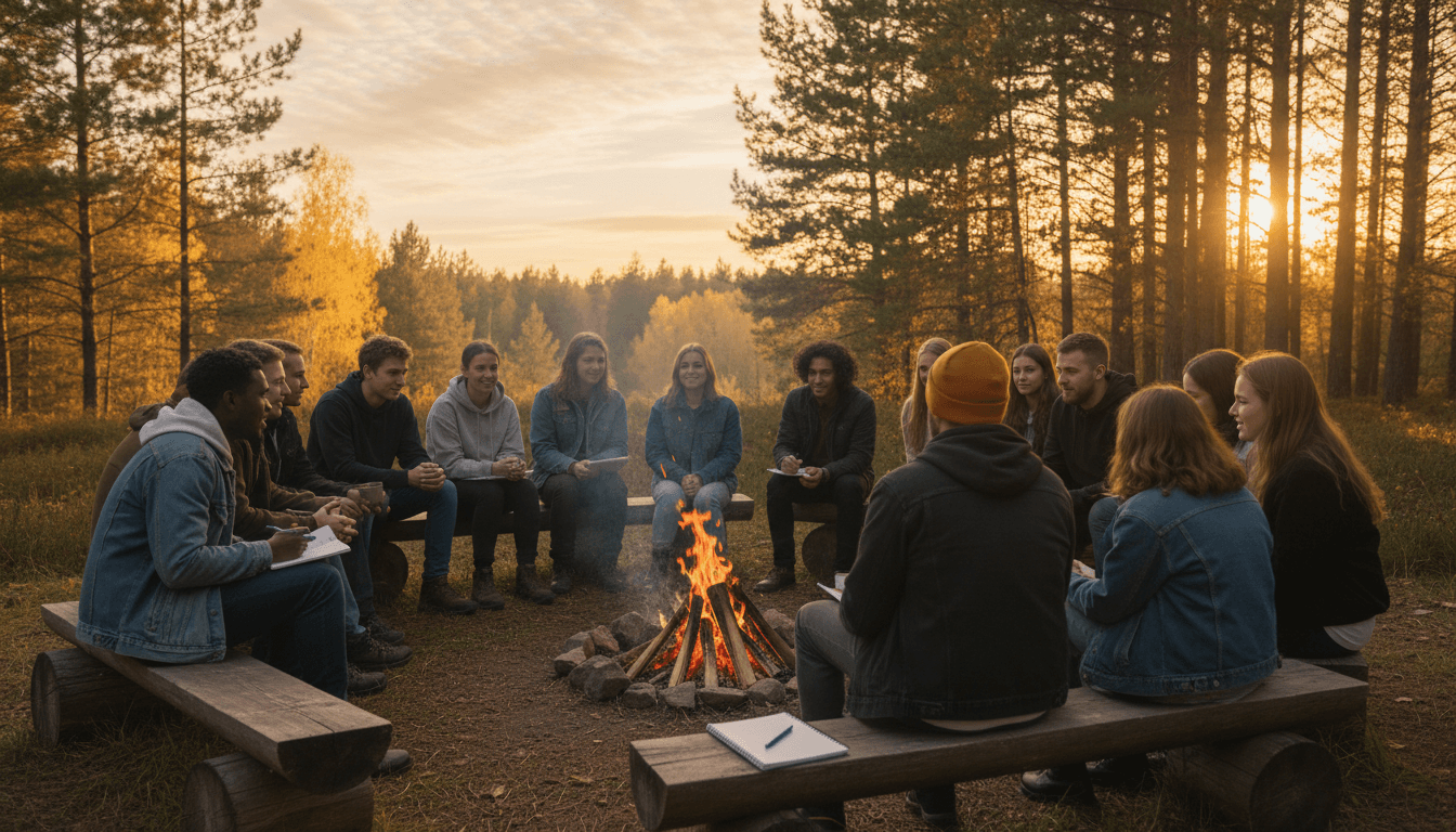 Campers sitting in a circle during a morning check-in