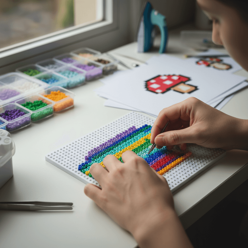 Close-up of a child making a friendship bracelet at a craft table