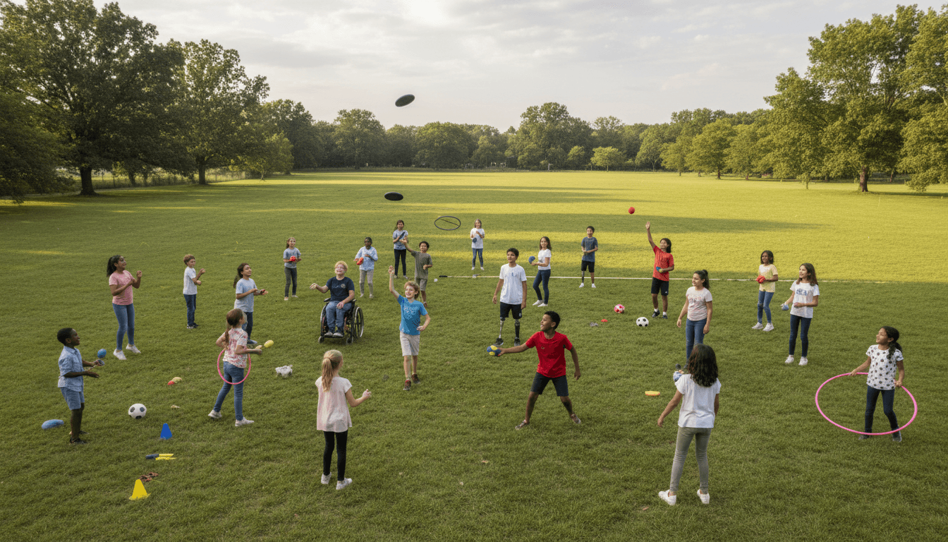 Group of diverse children playing a game together on a sunny field