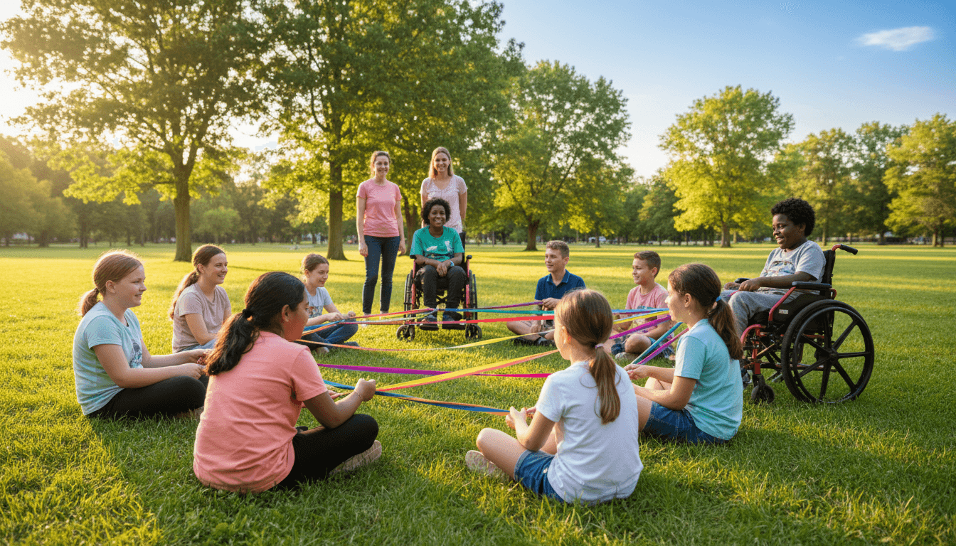 Children playing and laughing at a sunny summer camp in a Toronto park