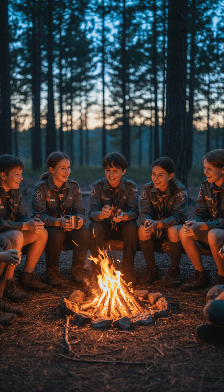 Campers exploring nature with a counselor on a forest path