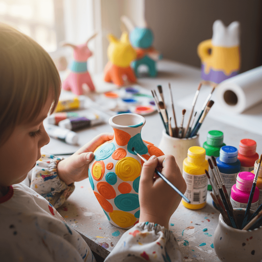 Children painting colorful crafts at a picnic table