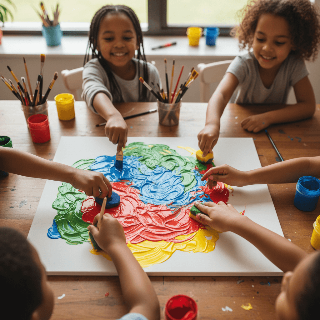 Kids collaborating on a mural at a wooden table